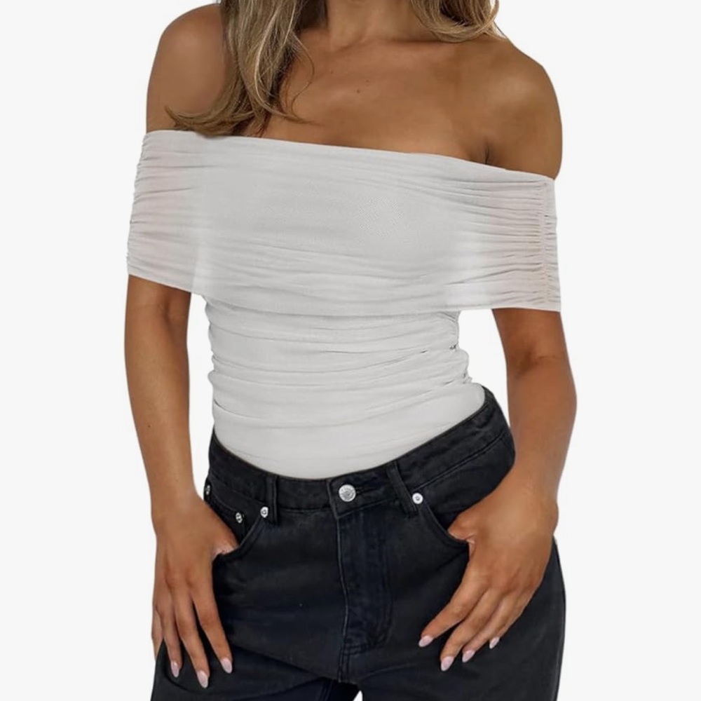NWT UNCOOYEE Women Sexy Mesh Off The Shoulder Backless Ruched Thong Bodysuit